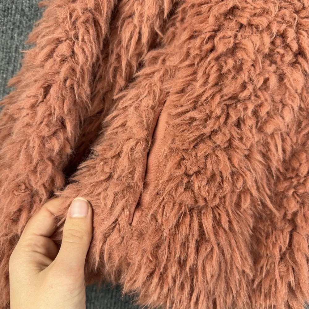 Billabong Jacket Womens Large Pink‎ Faux Fur Shaggy Cropped Open Front Lined